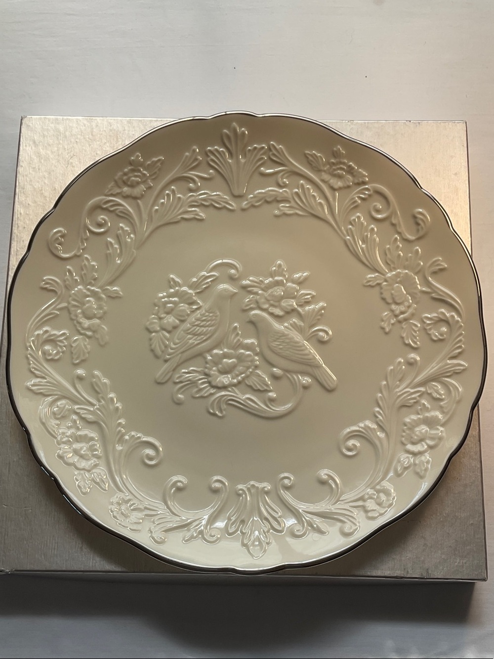 Lenox China Anniversary Plate Embossed Love Bird Plate with Silver Rim